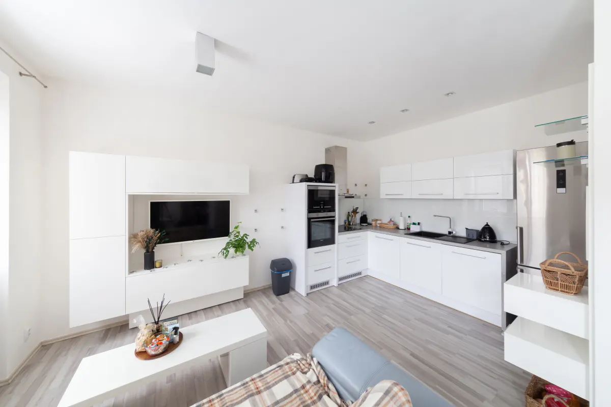 Bright, open-concept living space with white cabinets, TV, and kitchen. Gray wood-look floors and a blue sofa add subtle color.
