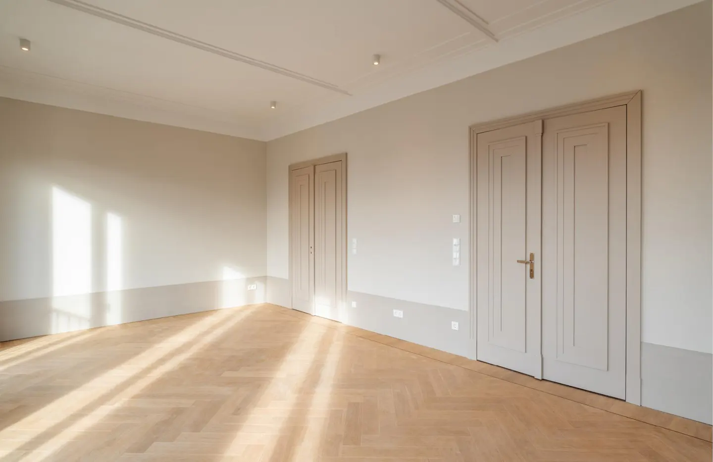 Empty room with light beige walls, herringbone wood floors, and two sets of paneled doors under soft sunlight.