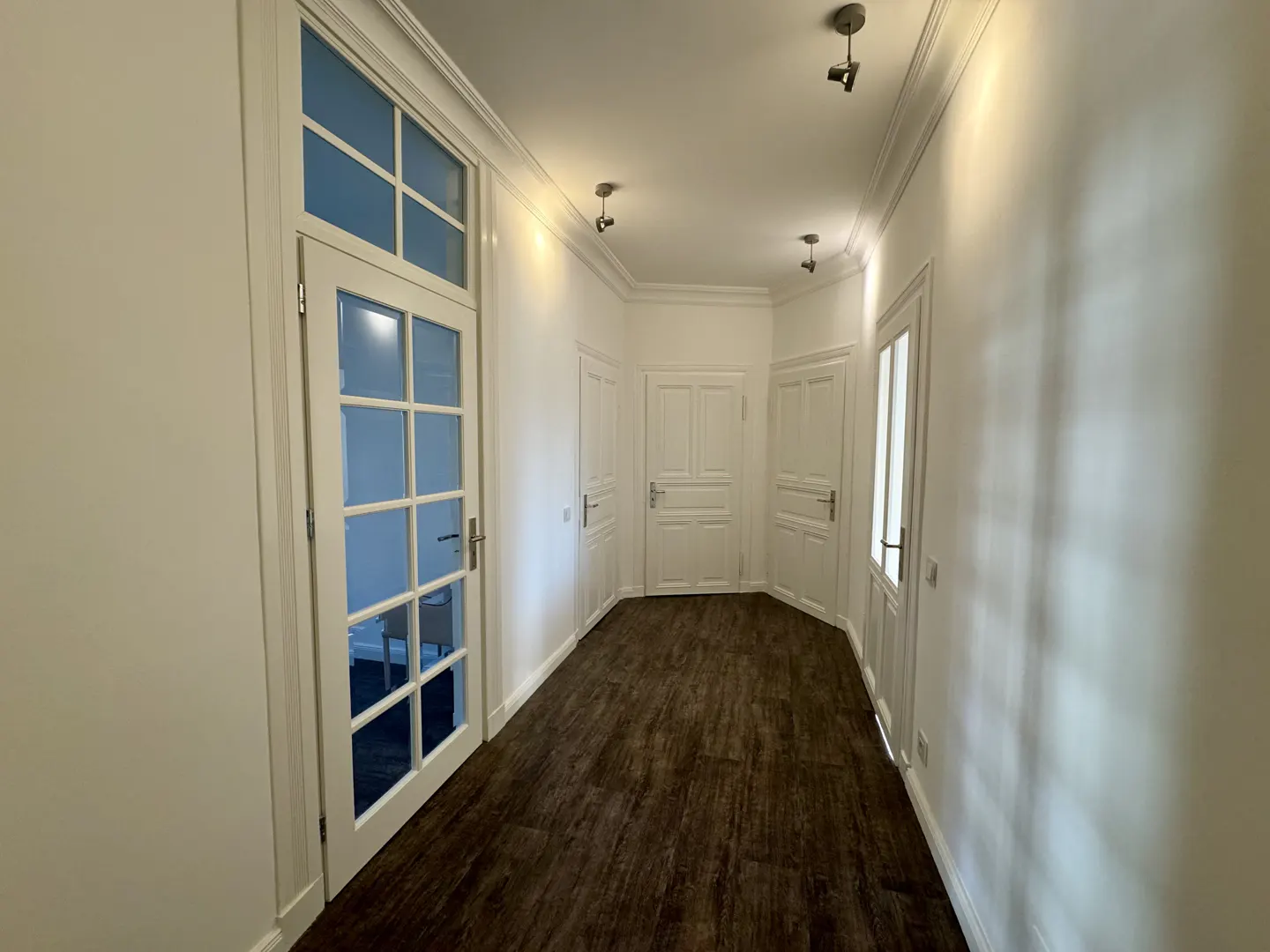 Hallway with dark wood floors, white walls, and white doors. Ceiling lights illuminate the space.