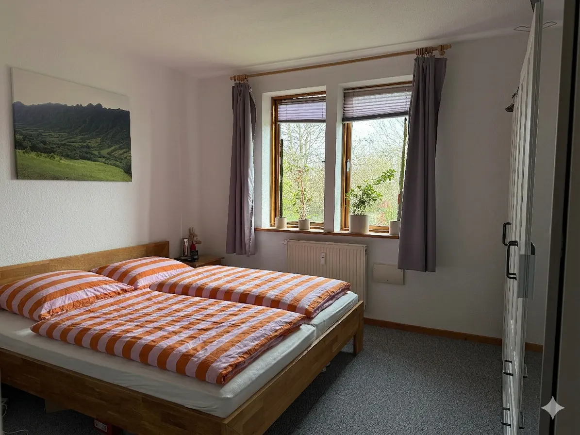 Bedroom with twin bed, orange striped bedding, white walls, and two windows with gray curtains. A landscape painting hangs above the bed.