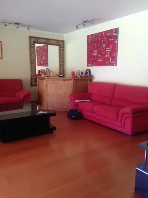 Living room with red sofas, a black coffee table, and a wooden cabinet with a mirror above it. A red abstract painting hangs on the wall.