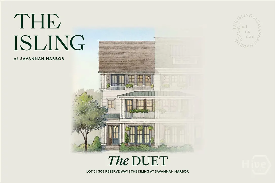 Watercolor rendering of "The Duet" at The Isling, Savannah Harbor, a three-story white house with dark brown roof and dark green trim.