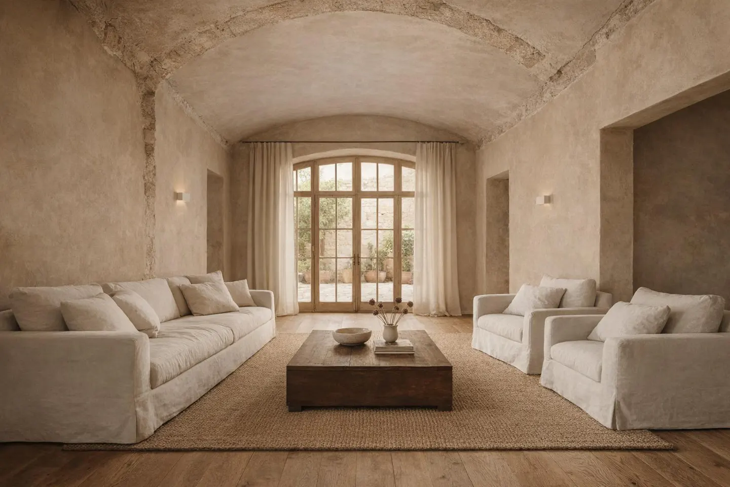 Living room with beige walls, vaulted ceiling, white sofas, wooden coffee table, and large arched glass doors.