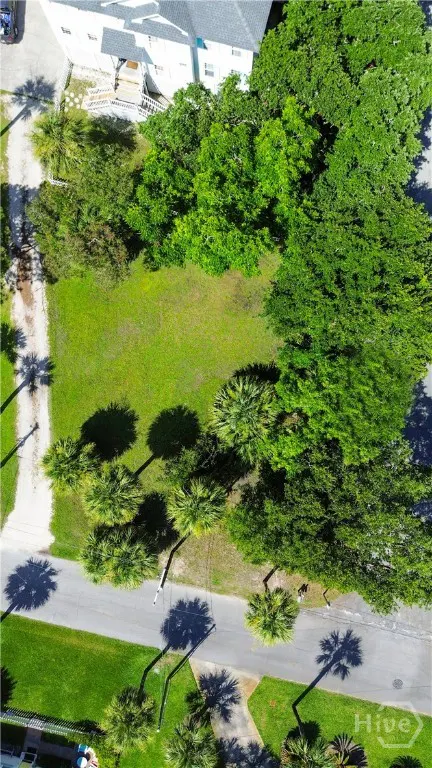 Aerial view of a grassy lot surrounded by trees and a road, with houses visible in the background.