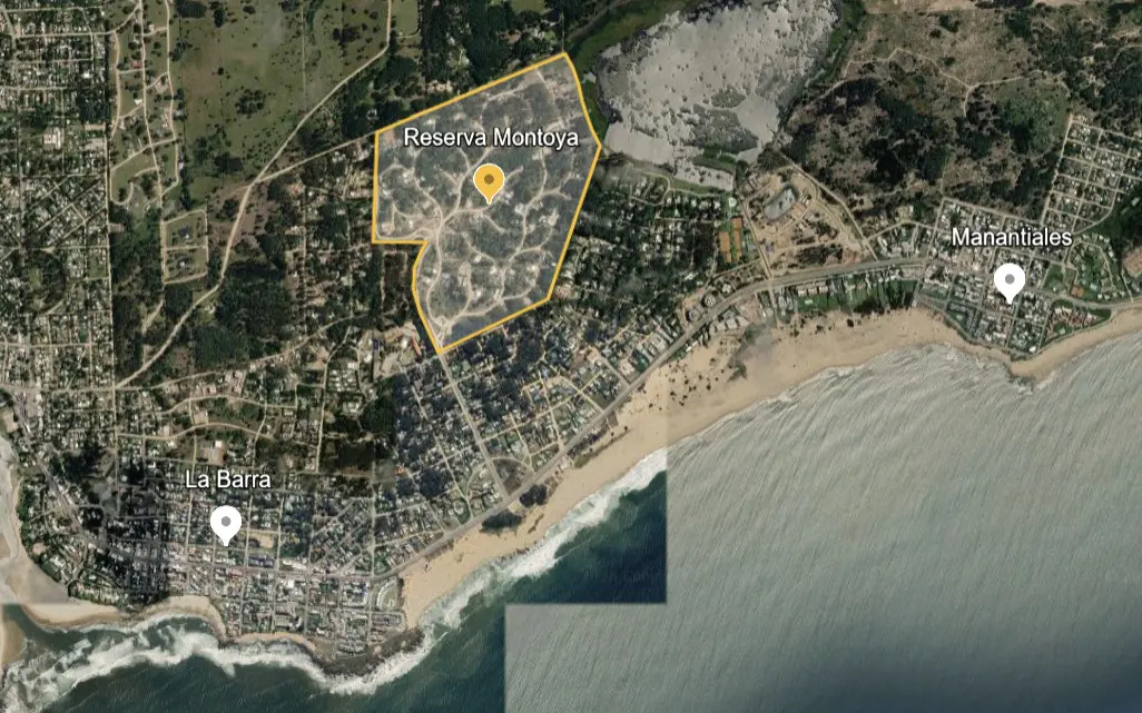 Aerial view of La Barra, Reserva Montoya, and Manantiales, Uruguay, showing beaches, towns, and a nature reserve.