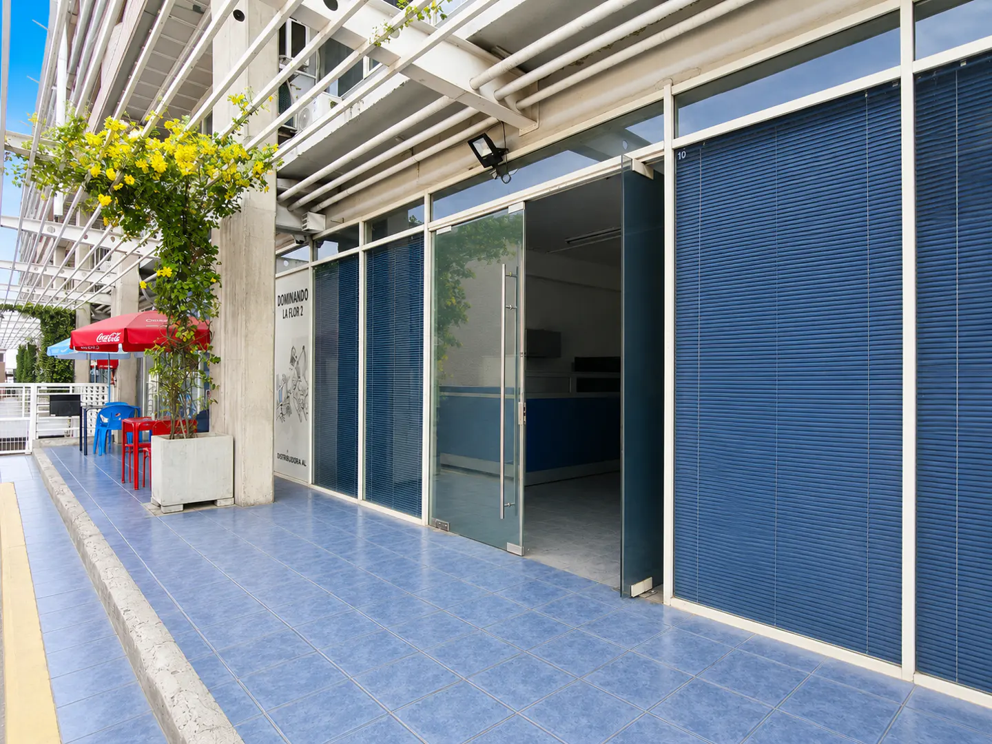 Modern commercial storefront with blue tiled patio, glass doors, and blue window blinds under a white metal pergola.