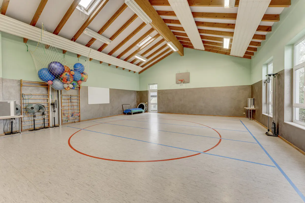 Indoor gym with light green walls, wooden vaulted ceiling, basketball hoop, wall bars, and a net filled with colorful balls.
