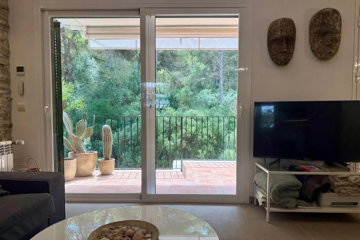 Living room with sliding glass doors to a balcony overlooking lush greenery. Cacti in pots, TV, and decorative masks are visible.