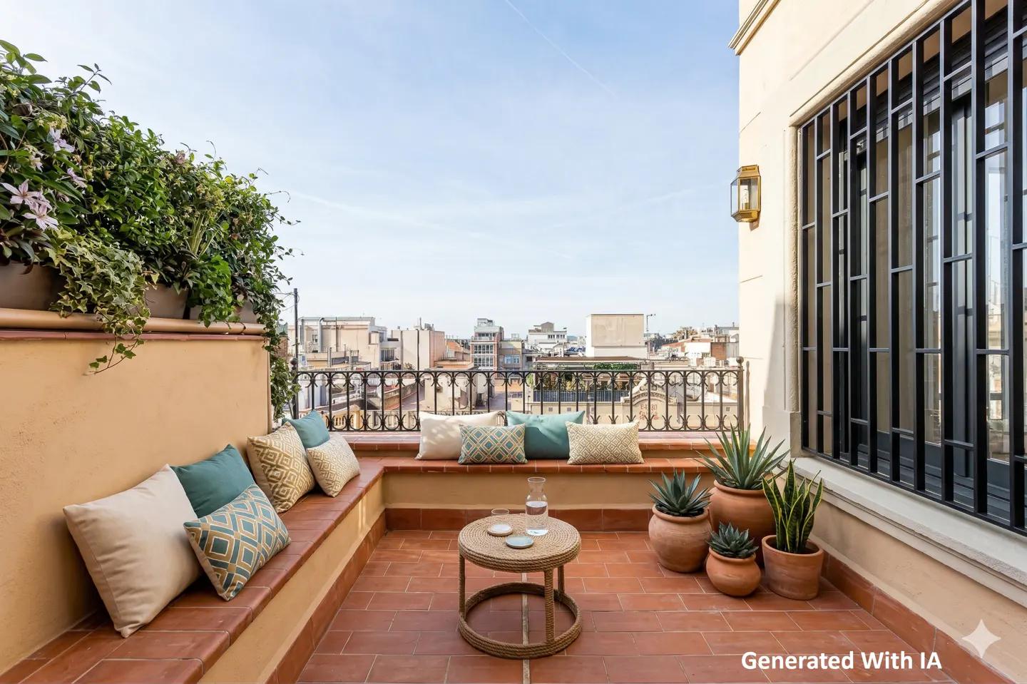 A sunlit terrace with terracotta tiles, a built-in bench with pillows, and potted plants overlooking a cityscape.