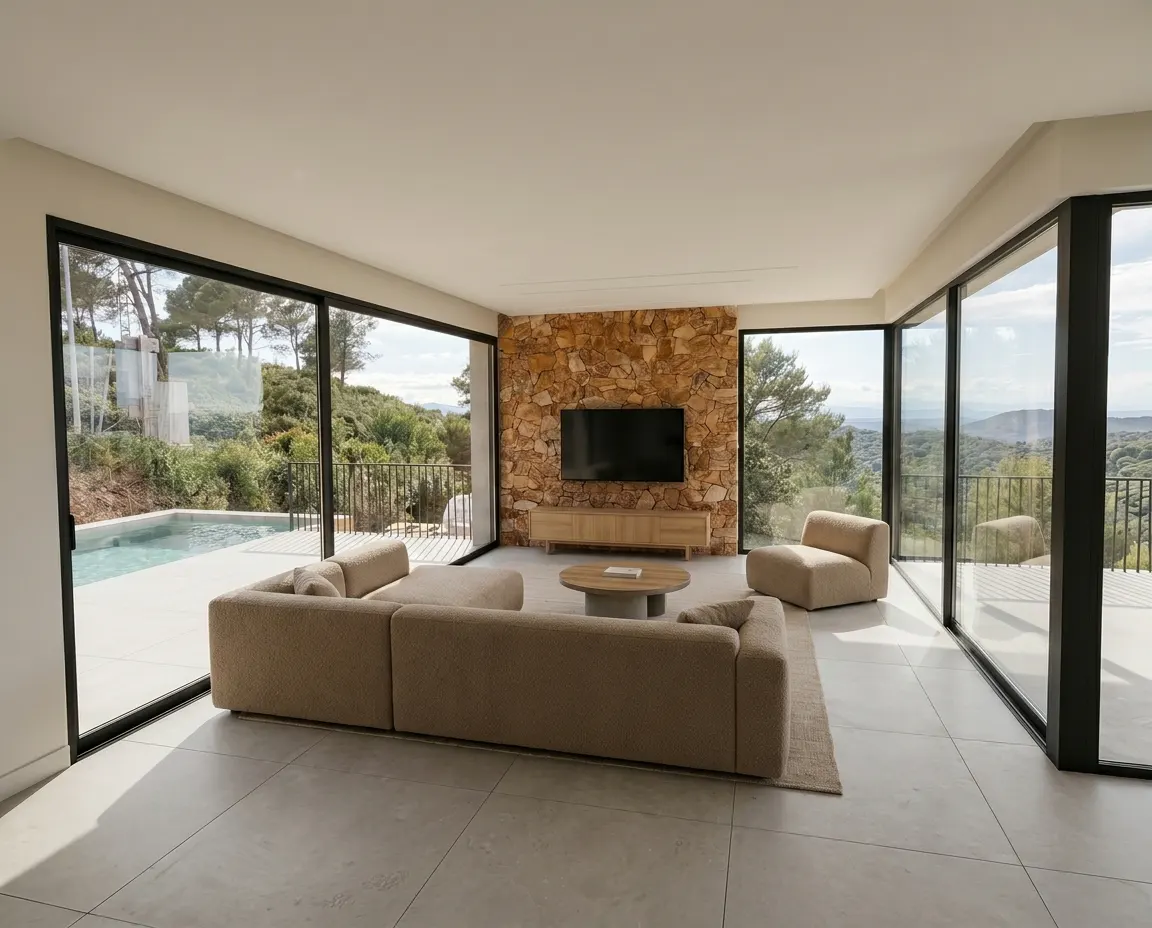 A modern living room with a beige sectional sofa, stone wall with a TV, and large windows overlooking a pool and green landscape.