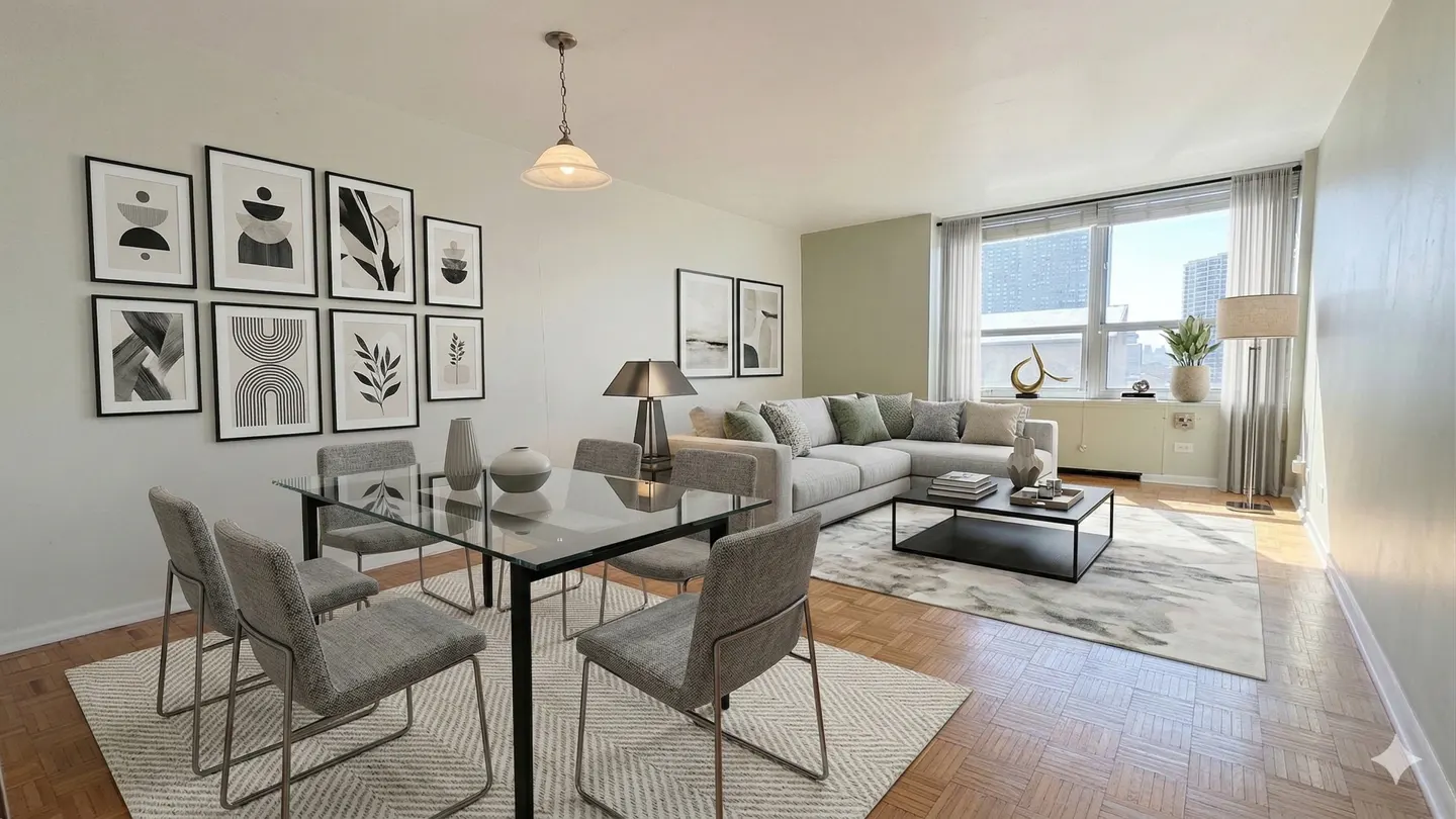 A modern apartment living and dining area with a glass table, gray chairs, and a light gray sectional sofa. Black and white art adorns the walls.