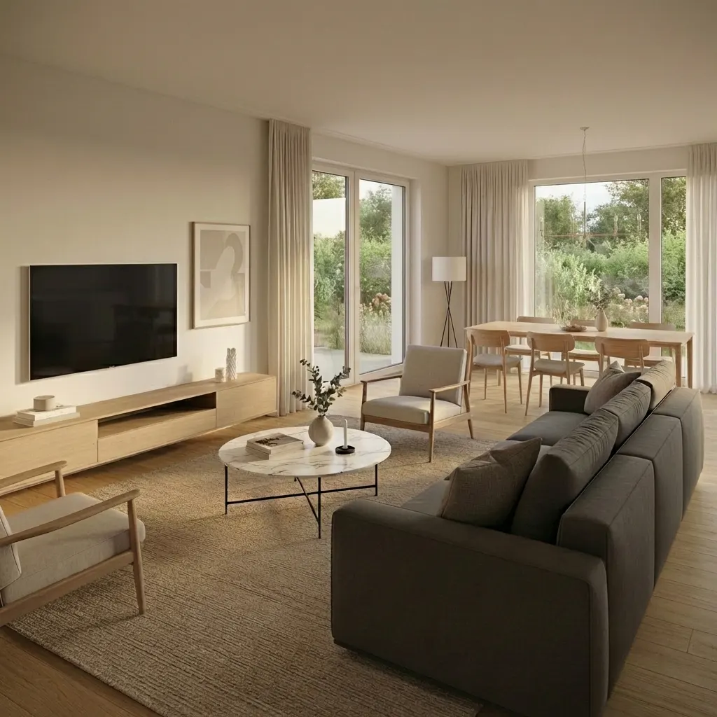 A bright, modern living room with a gray sofa, marble coffee table, and large windows overlooking a green garden.