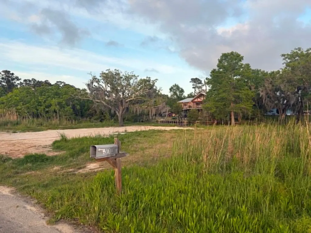 A vacant lot with a mailbox in the foreground and a house on stilts in the background.