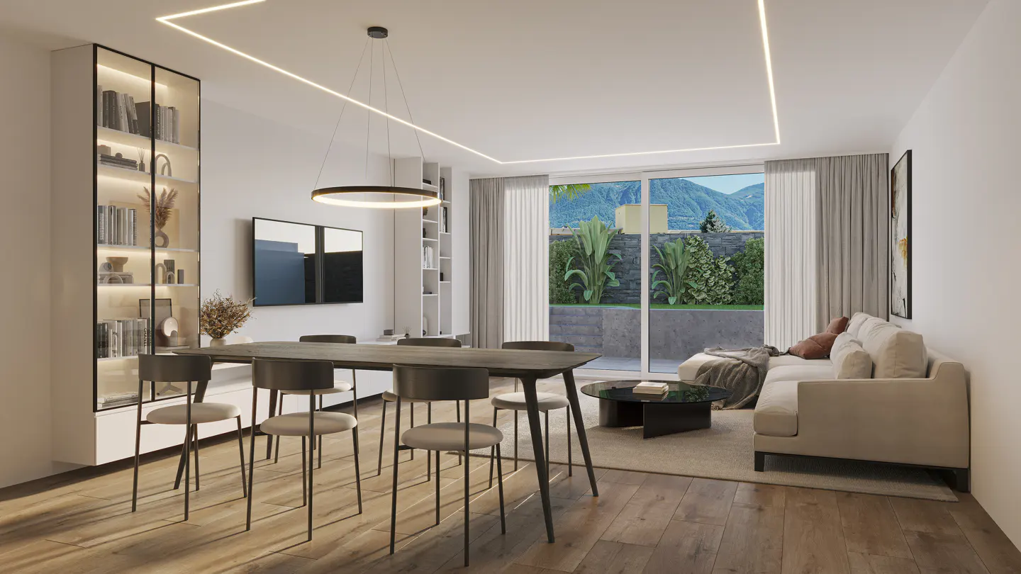 Modern open-plan living room with a dining table, beige sofa, illuminated display cabinet, and mountain view through glass.