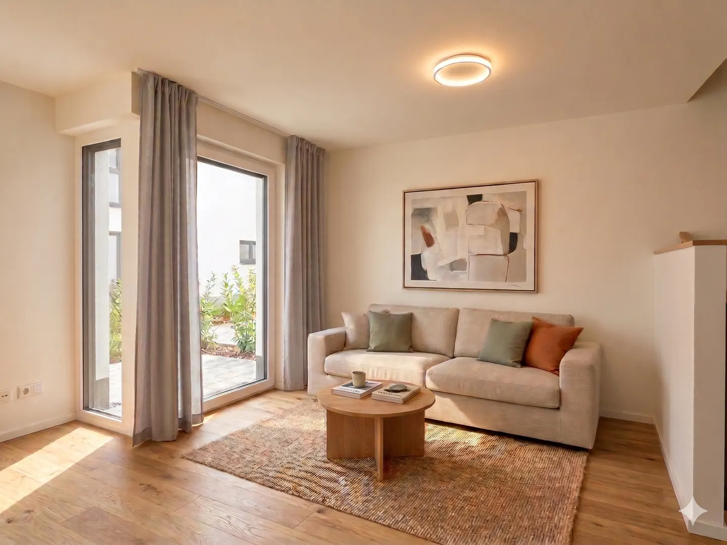Living room with beige sofa, round wood table on a woven rug. Gray curtains frame a glass door to a patio. Abstract art hangs above the sofa.