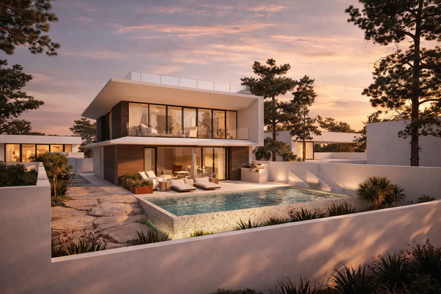 Two-story modern house with a pool, lounge chairs, and outdoor seating at sunset.