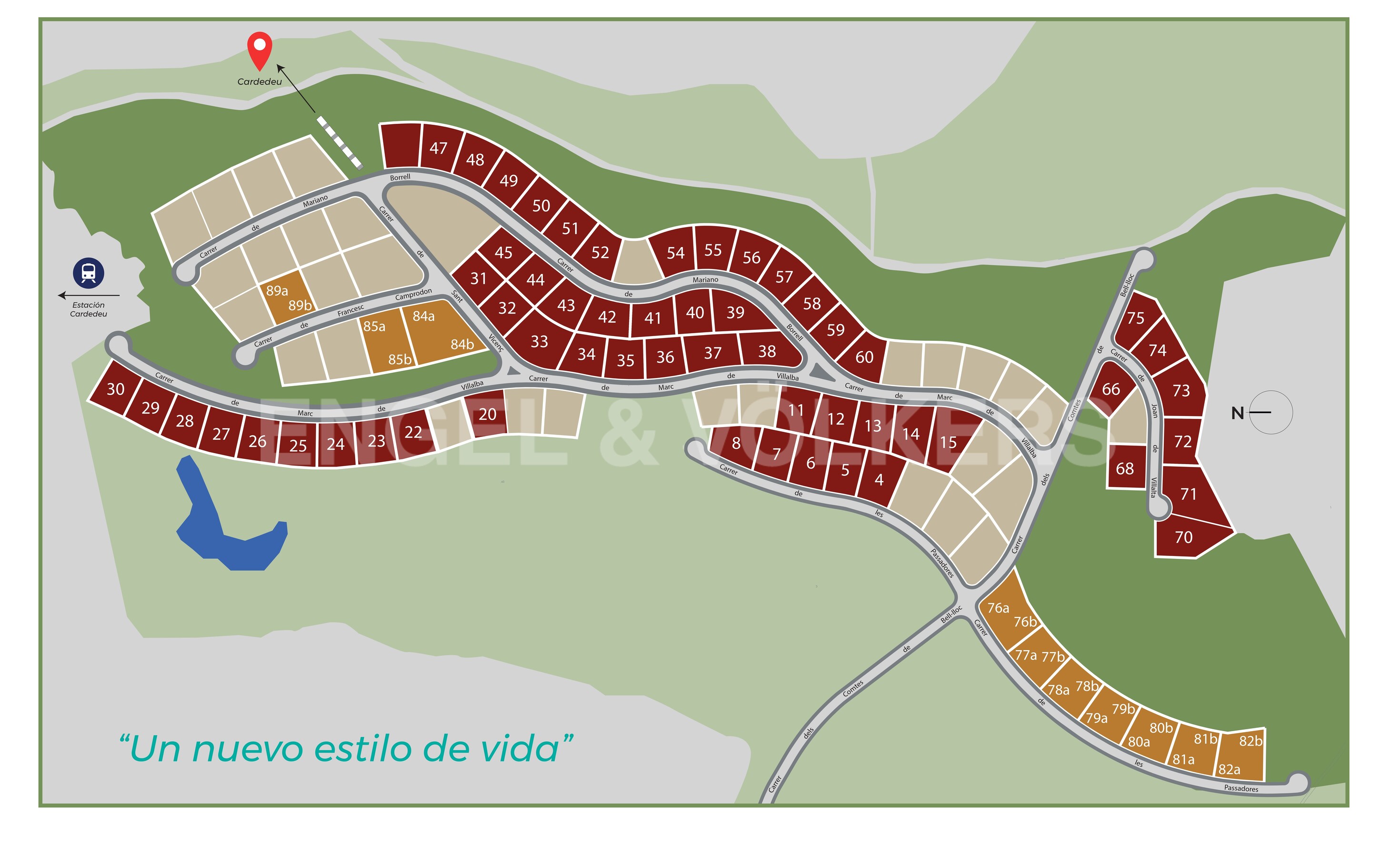 Real estate plot map with lot numbers, street names, and a train station icon. The lots are colored in shades of red, orange, and beige. [AI-generated text]