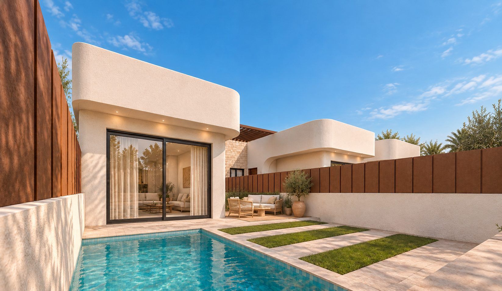 Modern villa exterior with a private pool, patio furniture, and brown privacy fencing under a clear blue sky. [AI-generated text]