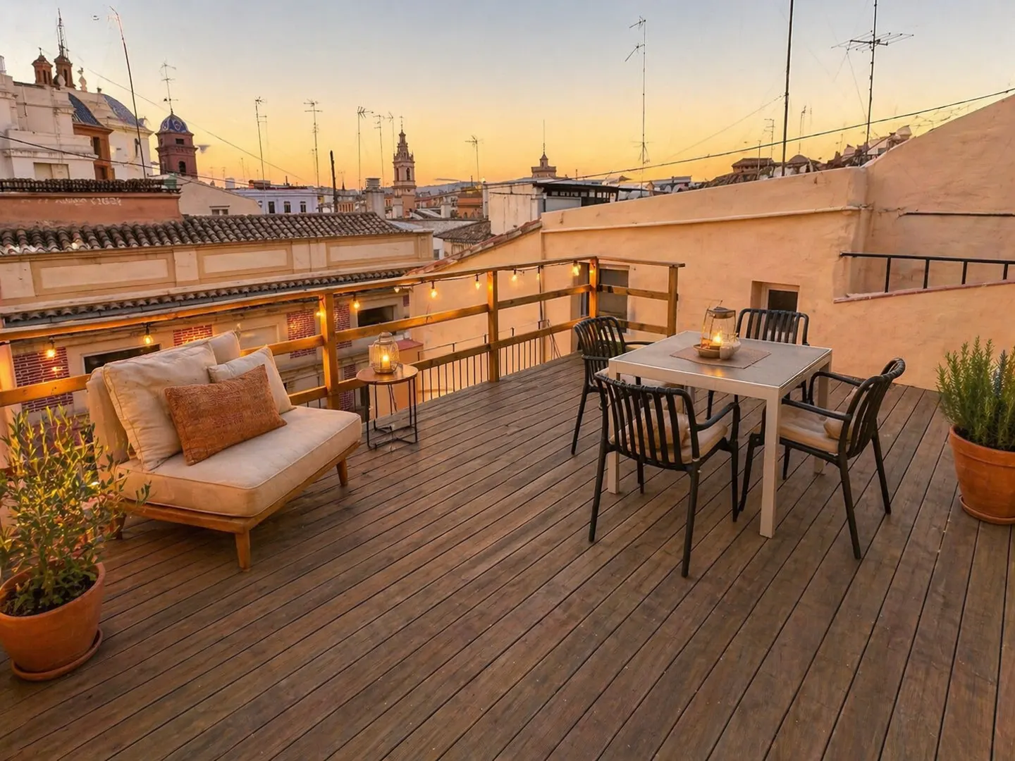 Rooftop patio with wooden deck, couch, table, and chairs. Cityscape with orange sunset in the background.