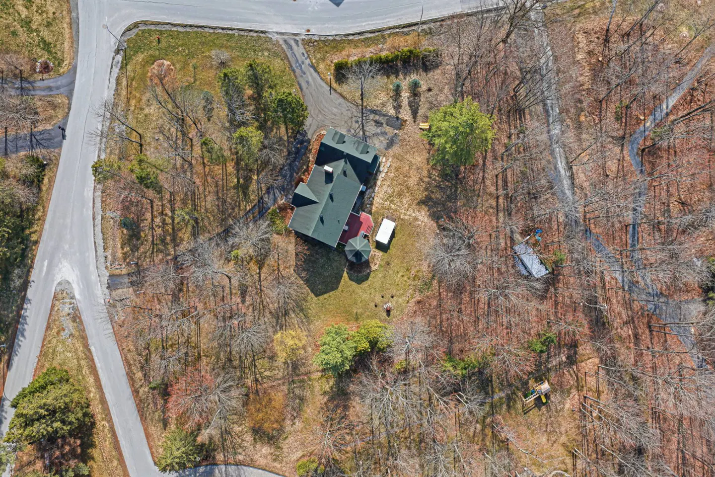 Aerial view of a house with a green roof surrounded by trees and a road.