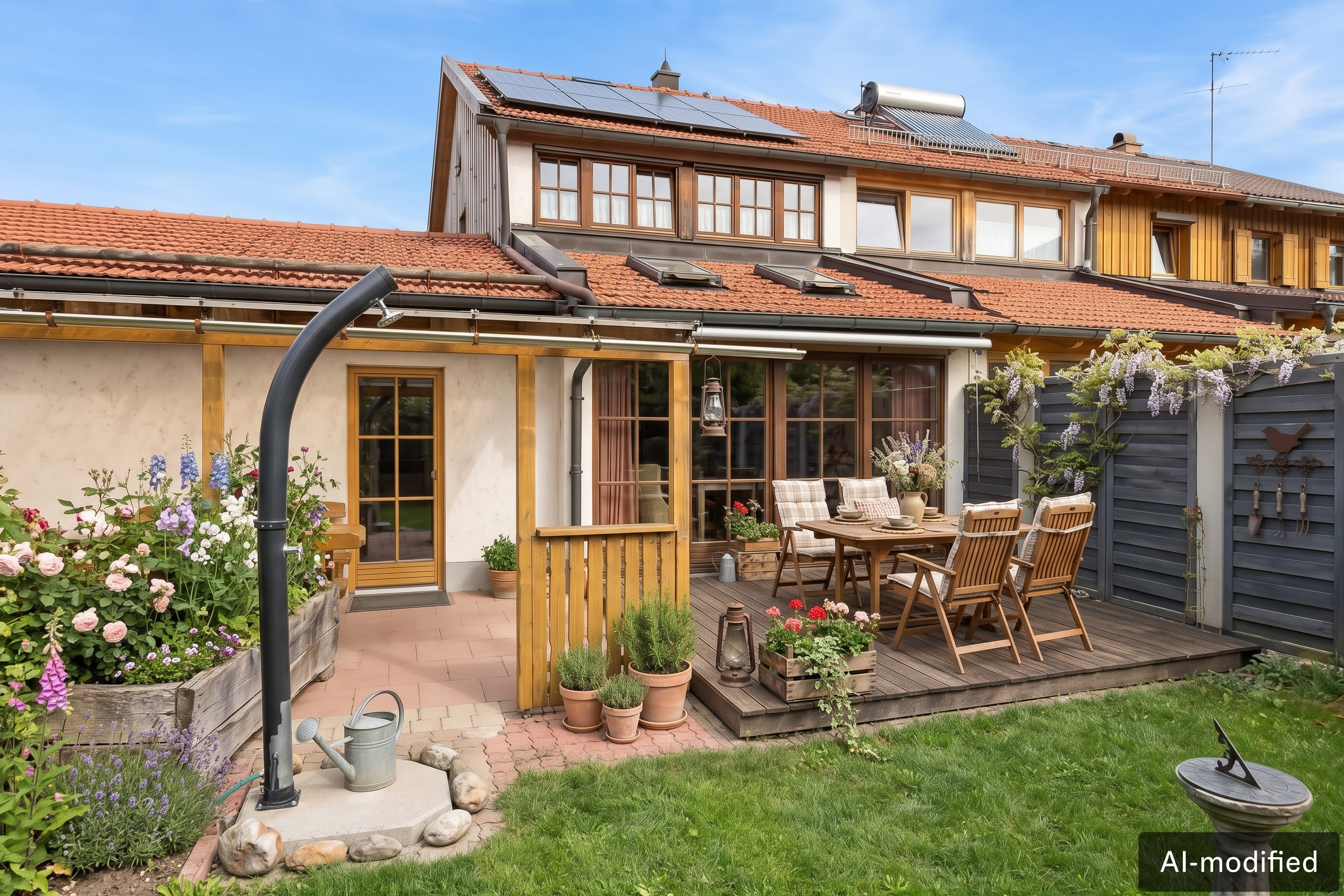 A wooden patio with a dining set, outdoor shower, and flower beds in front of a house with solar panels on the roof. [AI-generated text]