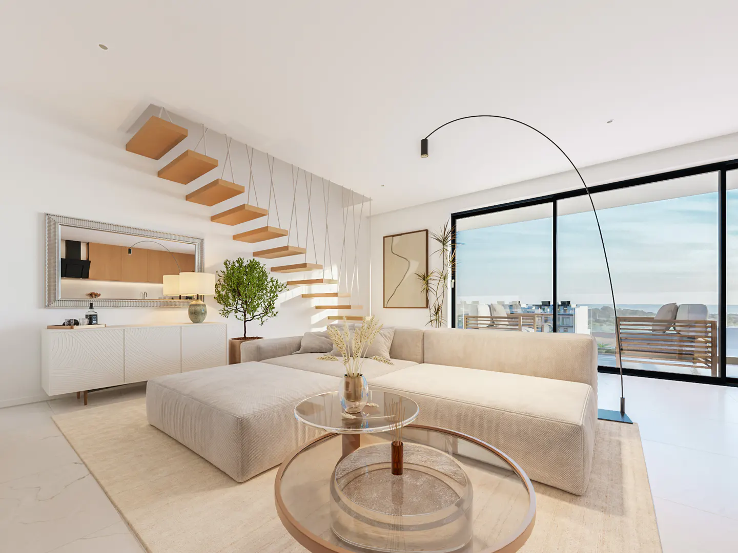 Bright living room with beige sectional sofa, glass coffee tables, floating stairs, and large windows with a view.