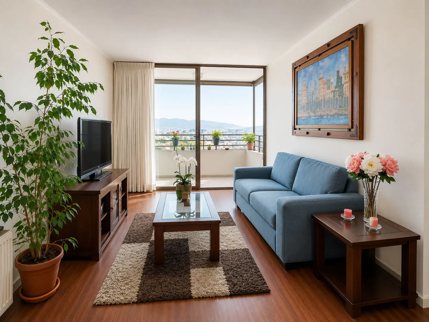 Living room with blue sofa, wood floors, and balcony view. A large plant sits next to a dark wood TV stand. A painting hangs above the sofa.