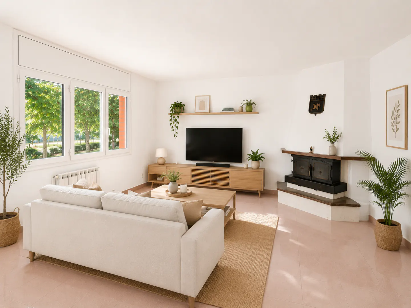 Bright living room with a white sofa, wooden media console, TV, fireplace, and large windows overlooking green trees.