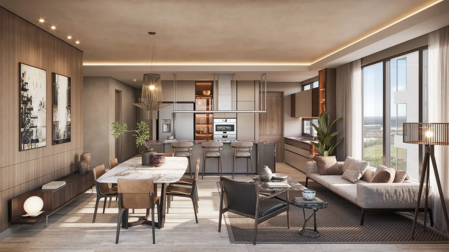 Open-concept living space with dining table, kitchen island with stools, and sofa near a large window. Neutral color palette.
