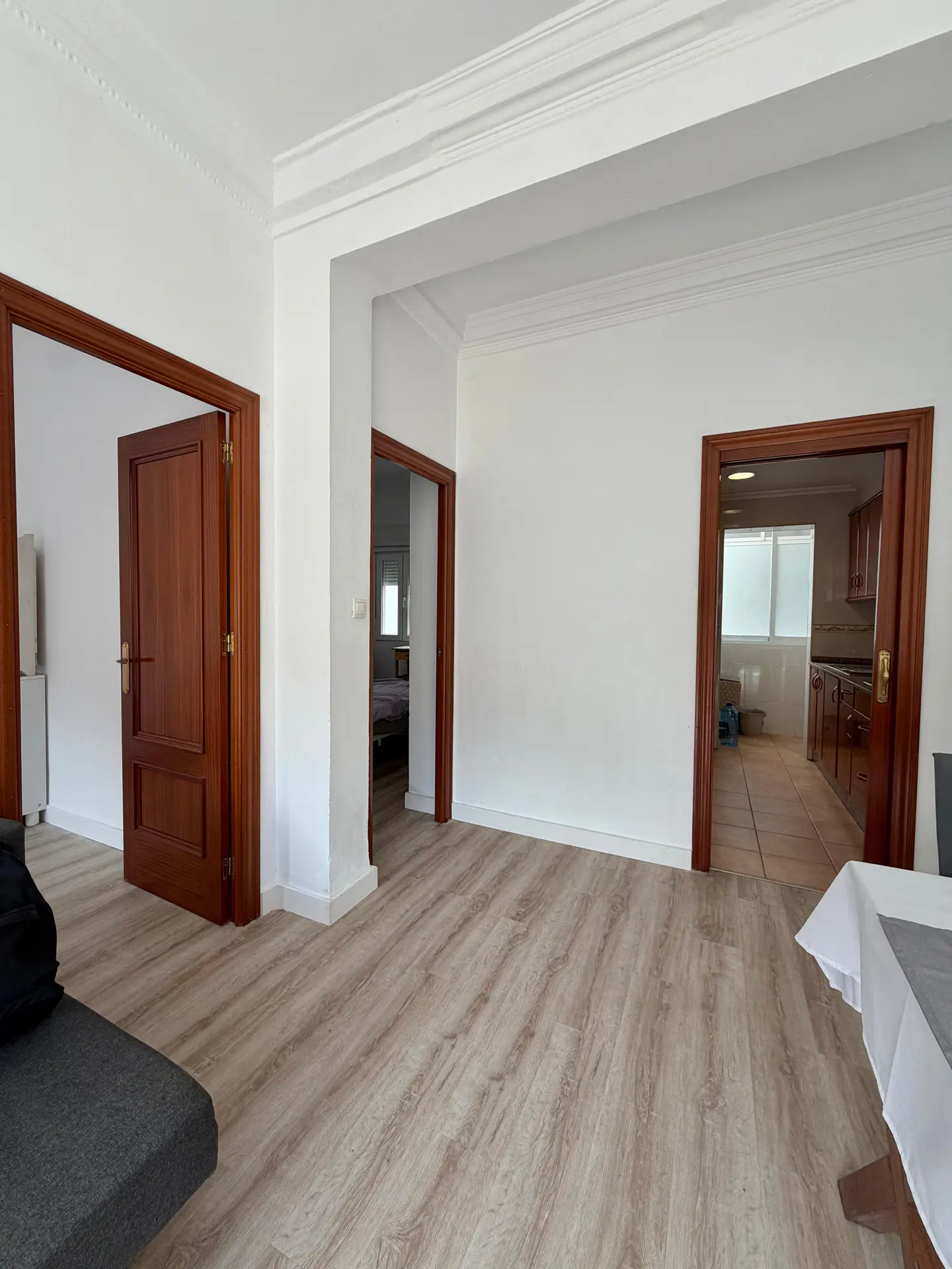 Bright, empty living room with light wood floors and white walls. Three open, dark wood doorways lead to other rooms.