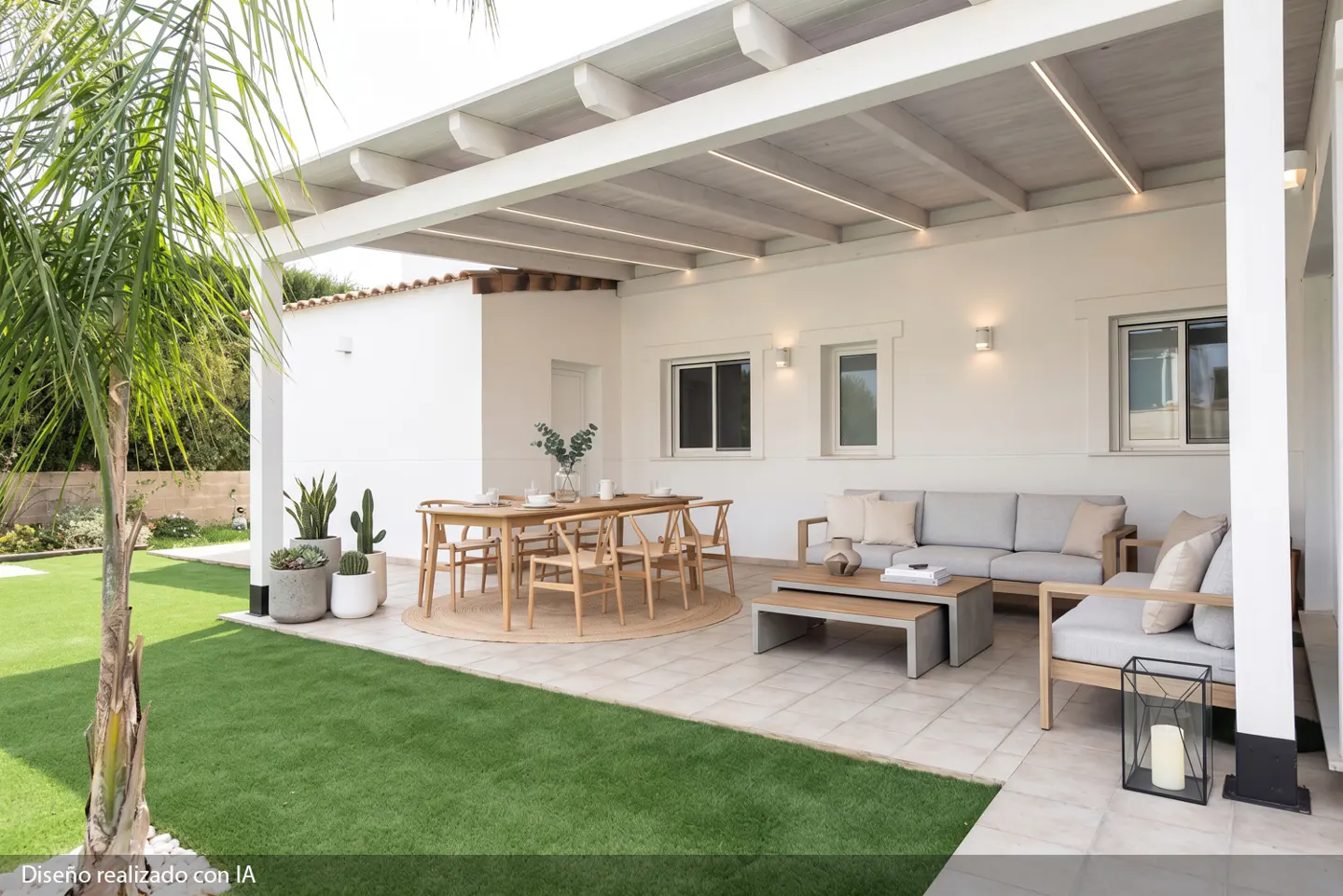 Outdoor patio with a dining table, sofa, and green lawn. The patio has a white roof and walls.