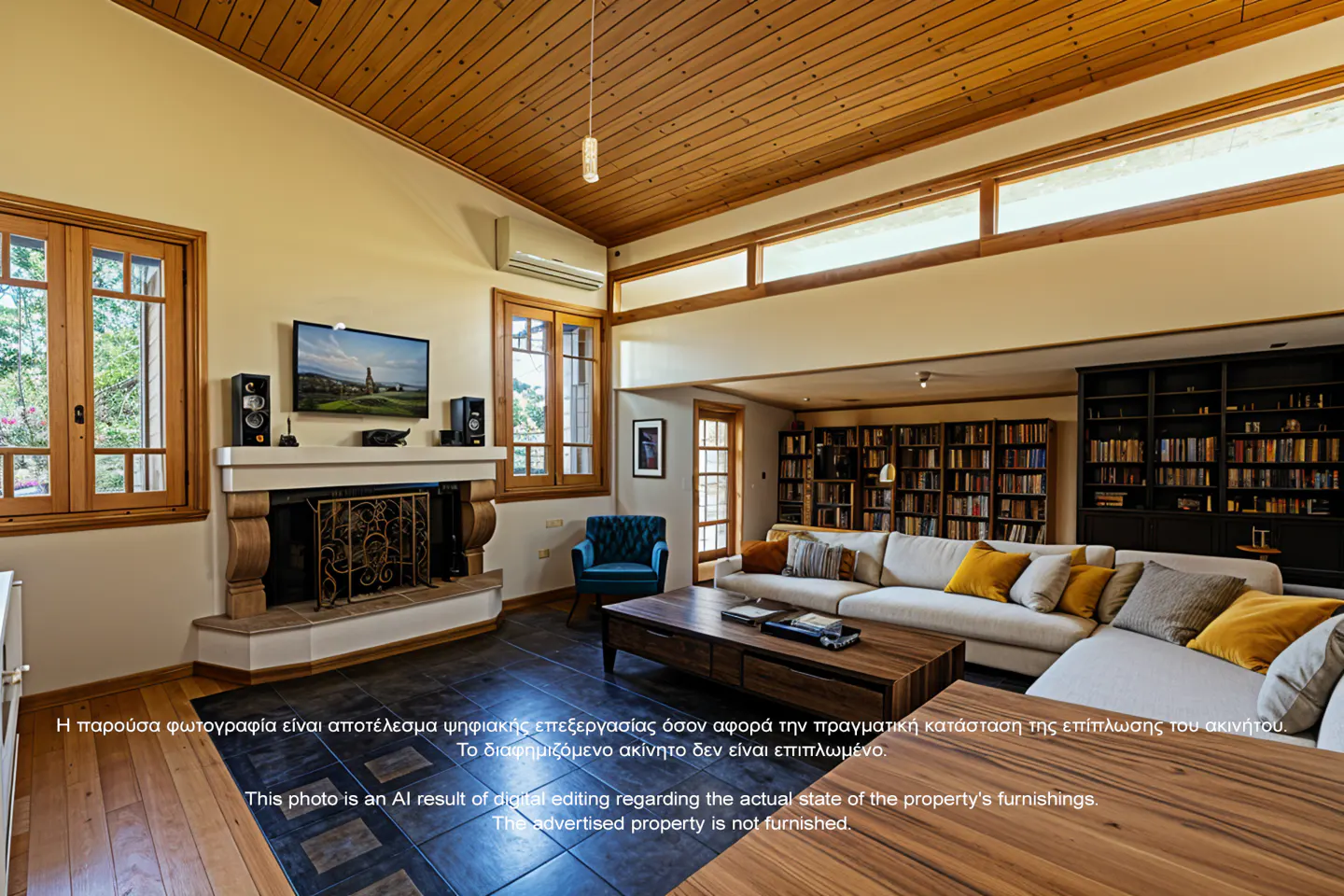 A living room with a fireplace, TV, wood-framed windows, and a large bookshelf. The room has a wooden ceiling and a blue chair.