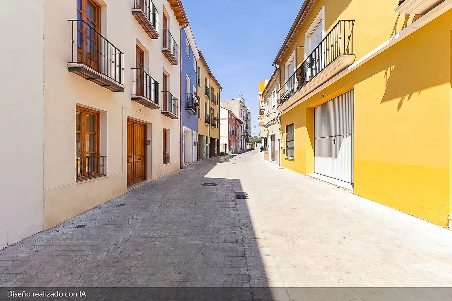 Street view of colorful buildings with balconies on a sunny day. Cream, blue, and yellow buildings line the street.