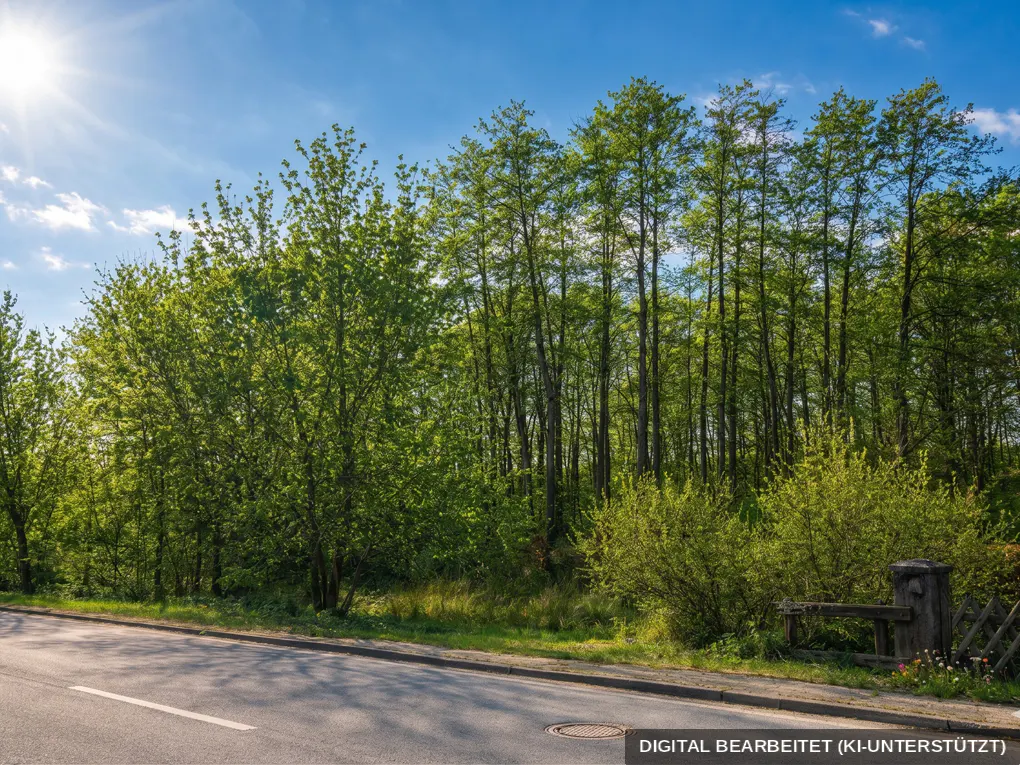 A sunny view of a wooded lot with a road in the foreground. The trees are green and leafy, and the sky is blue with a few clouds.