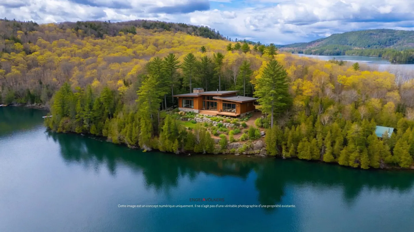 Aerial view of a modern wooden house nestled in a lush forest on a lakefront, surrounded by autumn-colored trees.