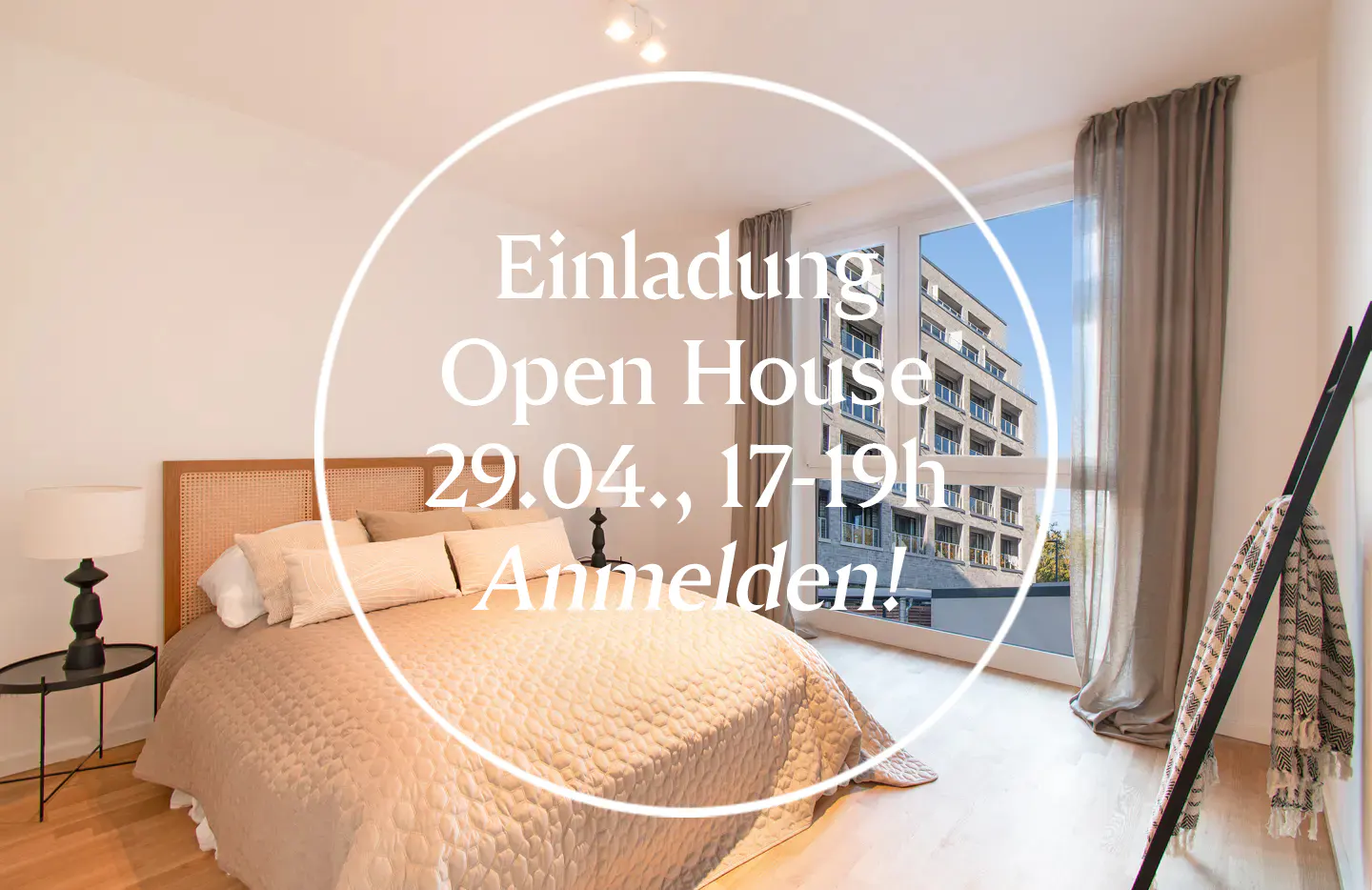 Bedroom with a bed, side table, lamp, and a window with a view of a building. Text overlay advertises an open house.