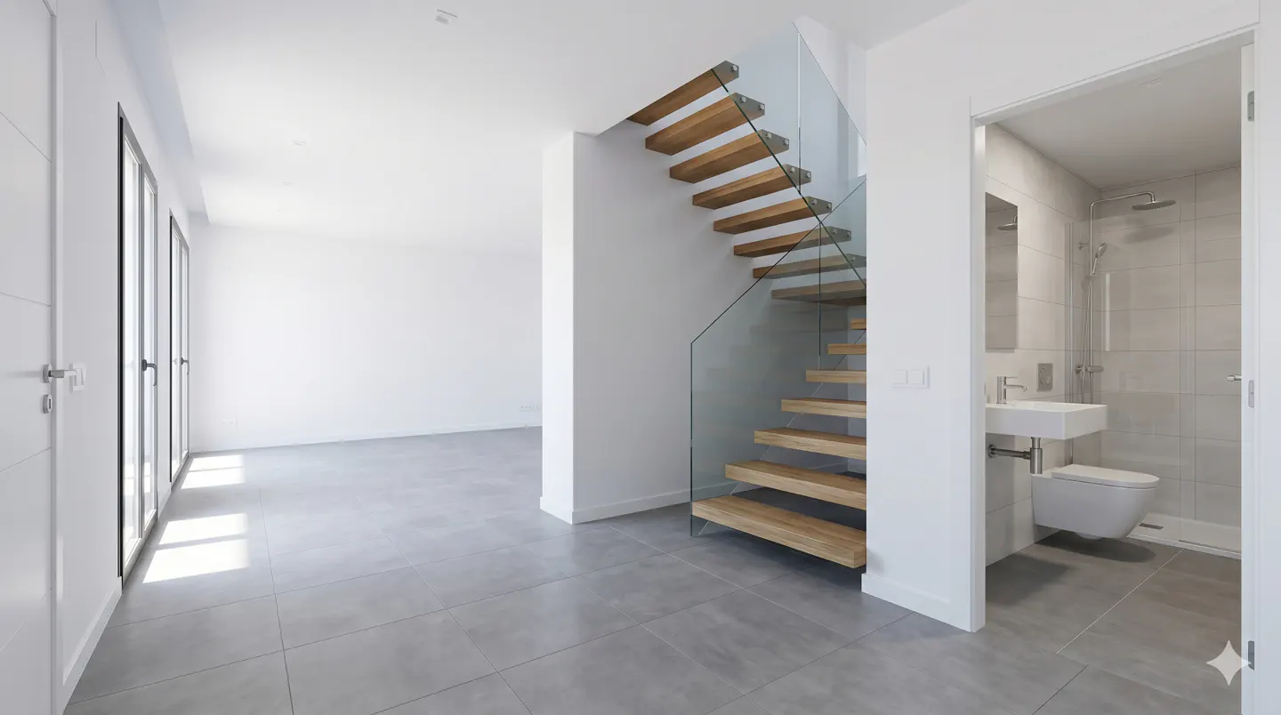 Bright, modern interior with gray tile floors, floating wood stairs with glass railing, and a bathroom with a toilet and shower.