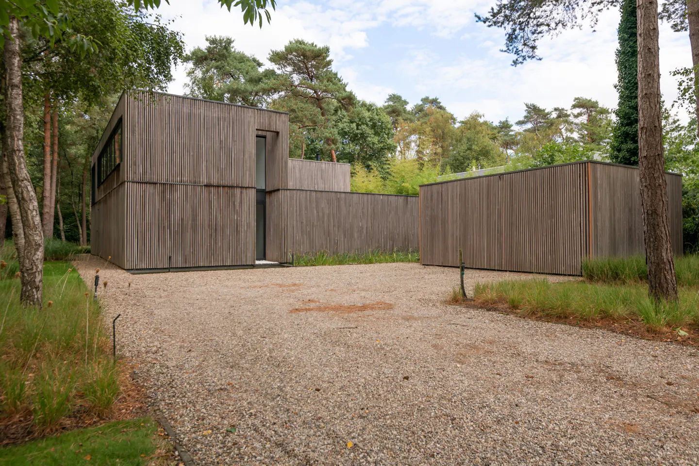 Modern two-story home with vertical wood siding and a gravel driveway, surrounded by tall pine trees in a forest setting.
