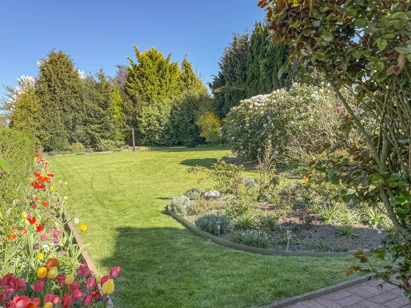 A lush green lawn with colorful flowers and trees under a clear blue sky.