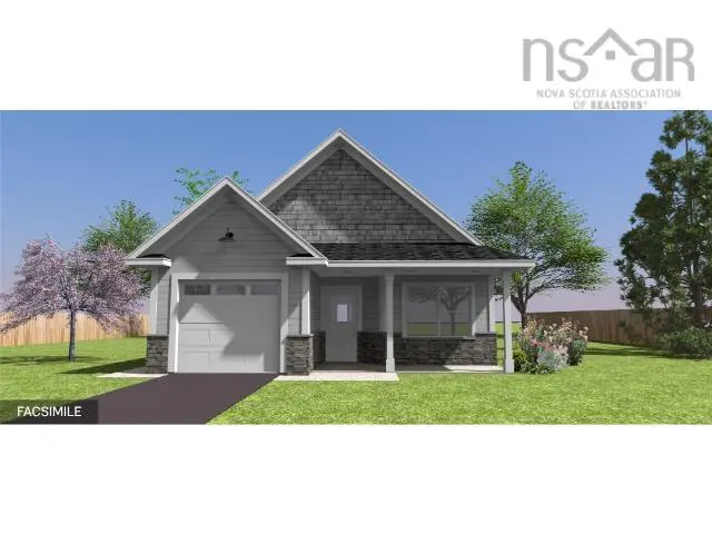 A gray single-story house with a garage, stone accents, and a covered porch. Trees and grass surround the house.