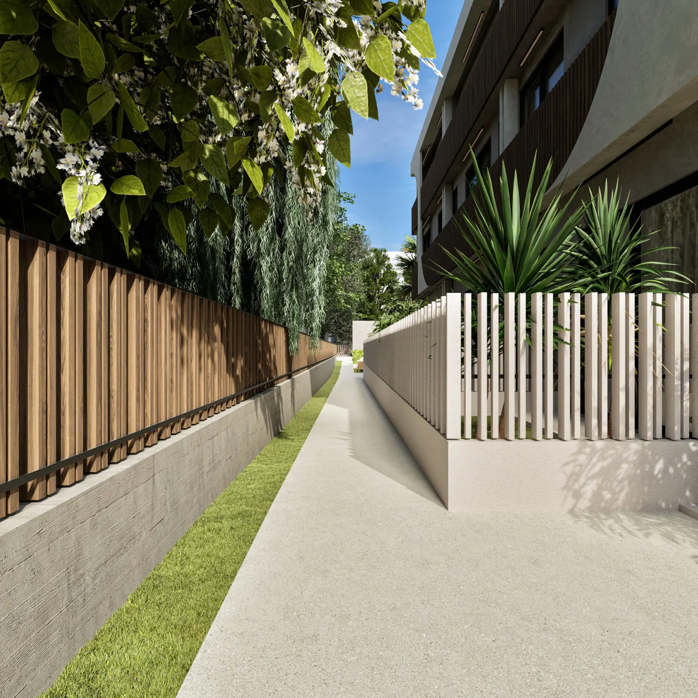 Exterior view of a walkway between two fences, one wood and one white, leading to a modern building.