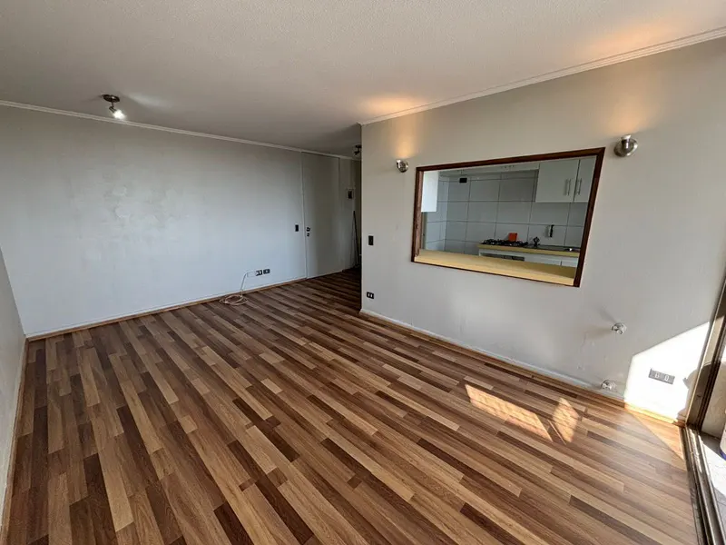 Bright living room with wood floors, light gray walls, and a window to the kitchen.