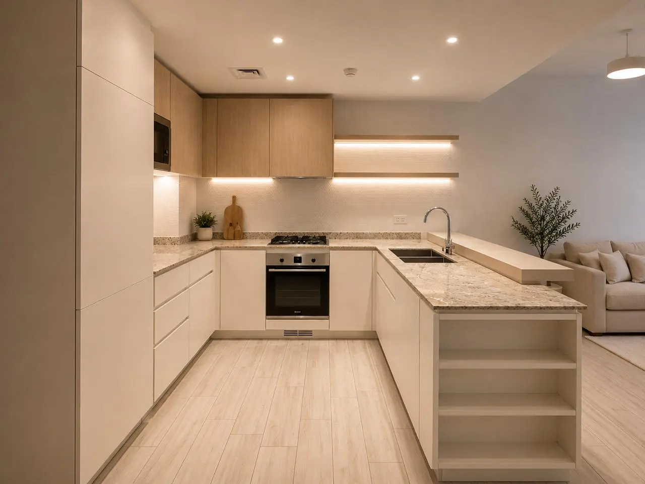 Bright, modern kitchen with white cabinets, granite countertops, and stainless steel appliances. Open shelving and wood accents add warmth.