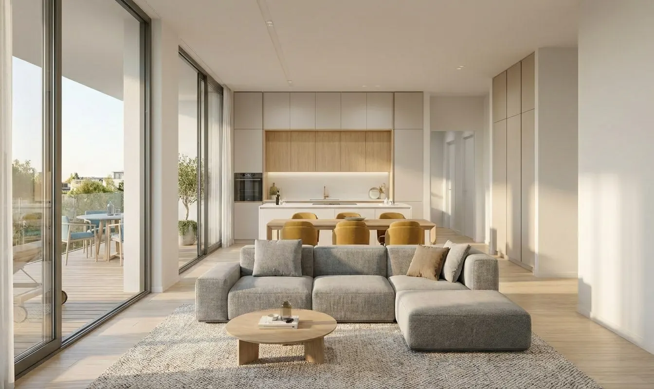 Open-concept living space with a gray sectional sofa, round wood table, and a dining table with yellow chairs. Balcony with outdoor furniture.