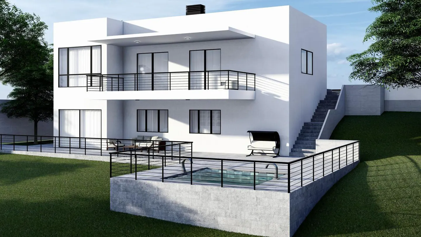 Two-story modern white house with black framed windows, balcony, pool, and green lawn.