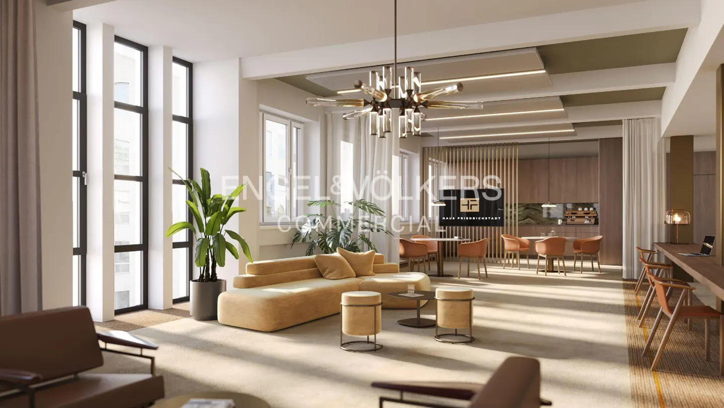 Bright, modern office space with tan seating, wood accents, and large windows. A unique chandelier hangs above a lounge area.