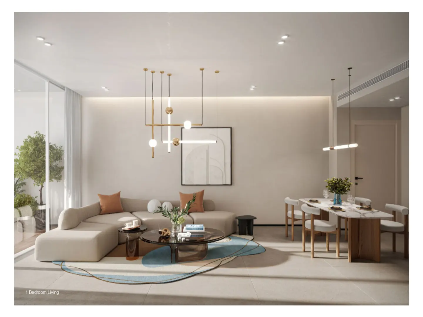 A modern living and dining area with a beige sectional sofa, round glass coffee table, and a dining table with white chairs.