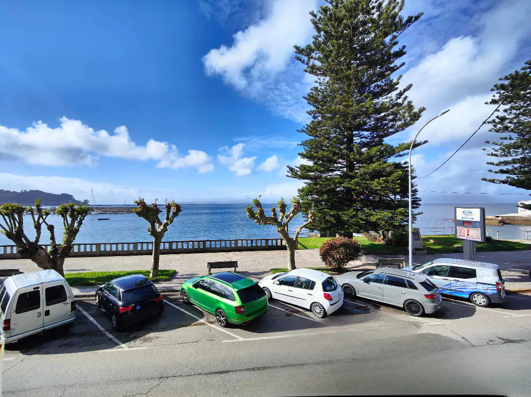 Cars parked along a waterfront with a blue sky and trees.
