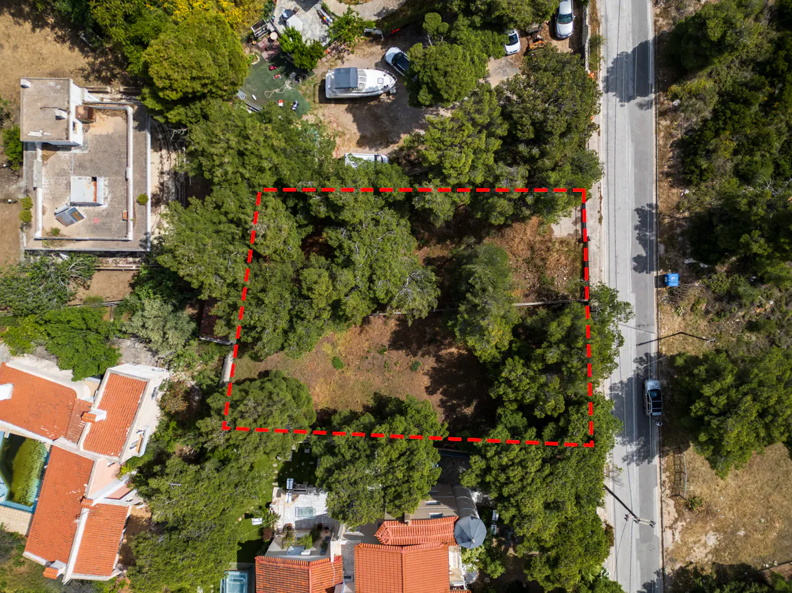Aerial view of a vacant lot outlined in red, surrounded by trees, houses, and a road.