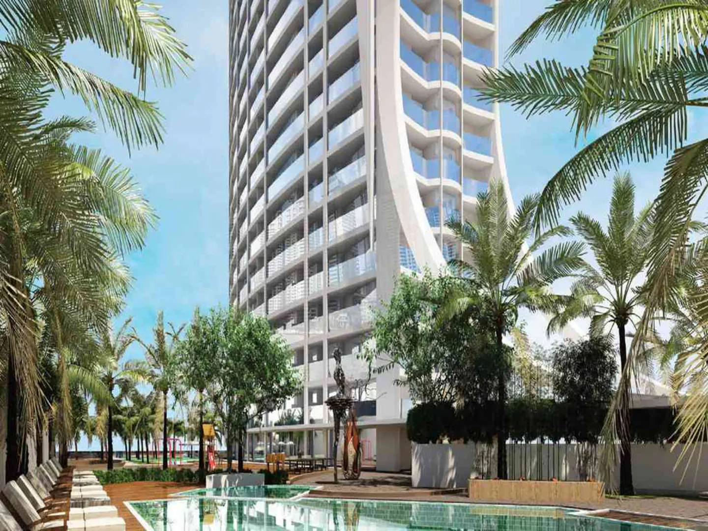 A modern white high-rise apartment building towers over a tropical pool area with palm trees and lounge chairs.